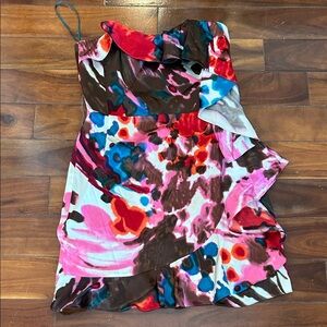 Express Multicolor Abstract Strapless Dress in Red, Teal, Brown